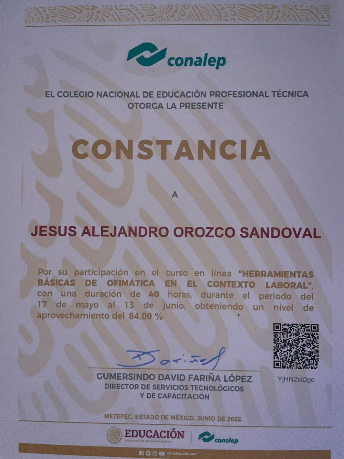 Constancia Curso de Ofimática